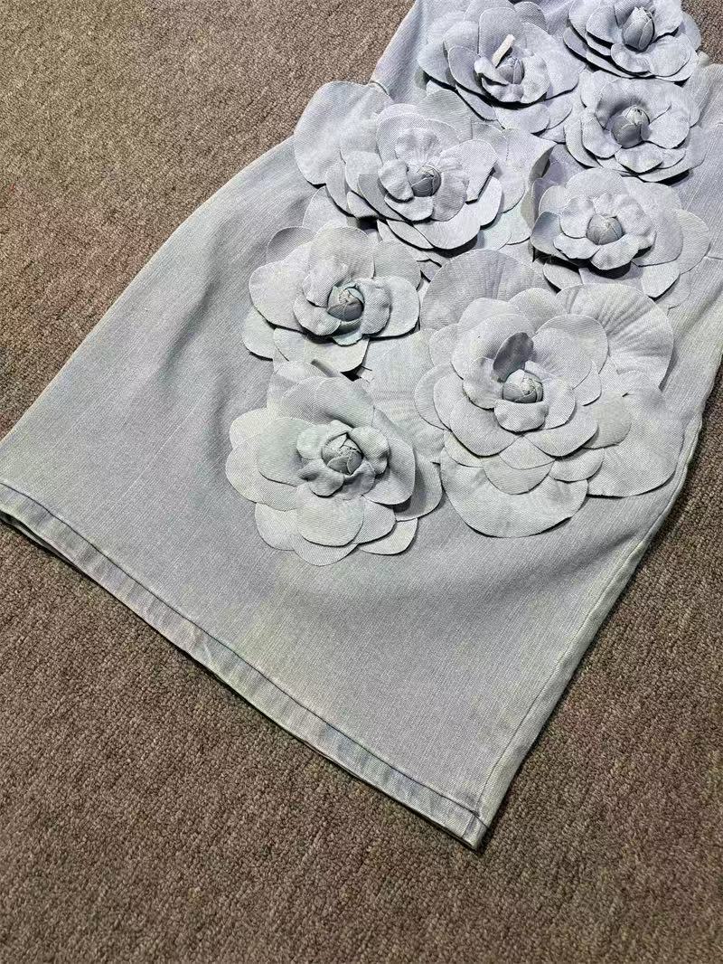 AIIZIE CANTO STRAPLESS FLOWER DENIM MINI DRESS IN BLUE - product image