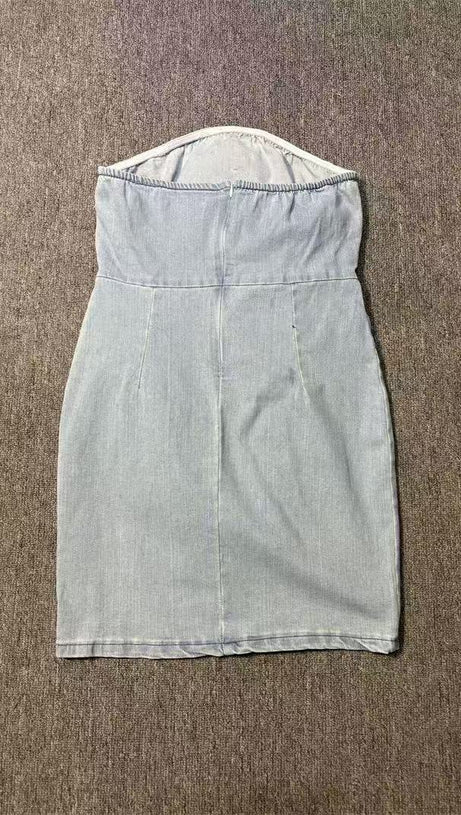 CANTO STRAPLESS FLOWER DENIM MINI DRESS IN BLUE