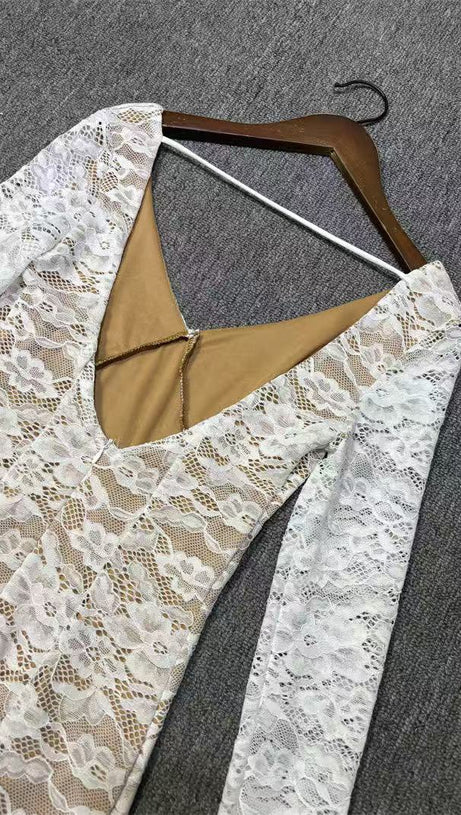 SEXY DEEP V OPEN BACK WHITE LACE MINI DRESS