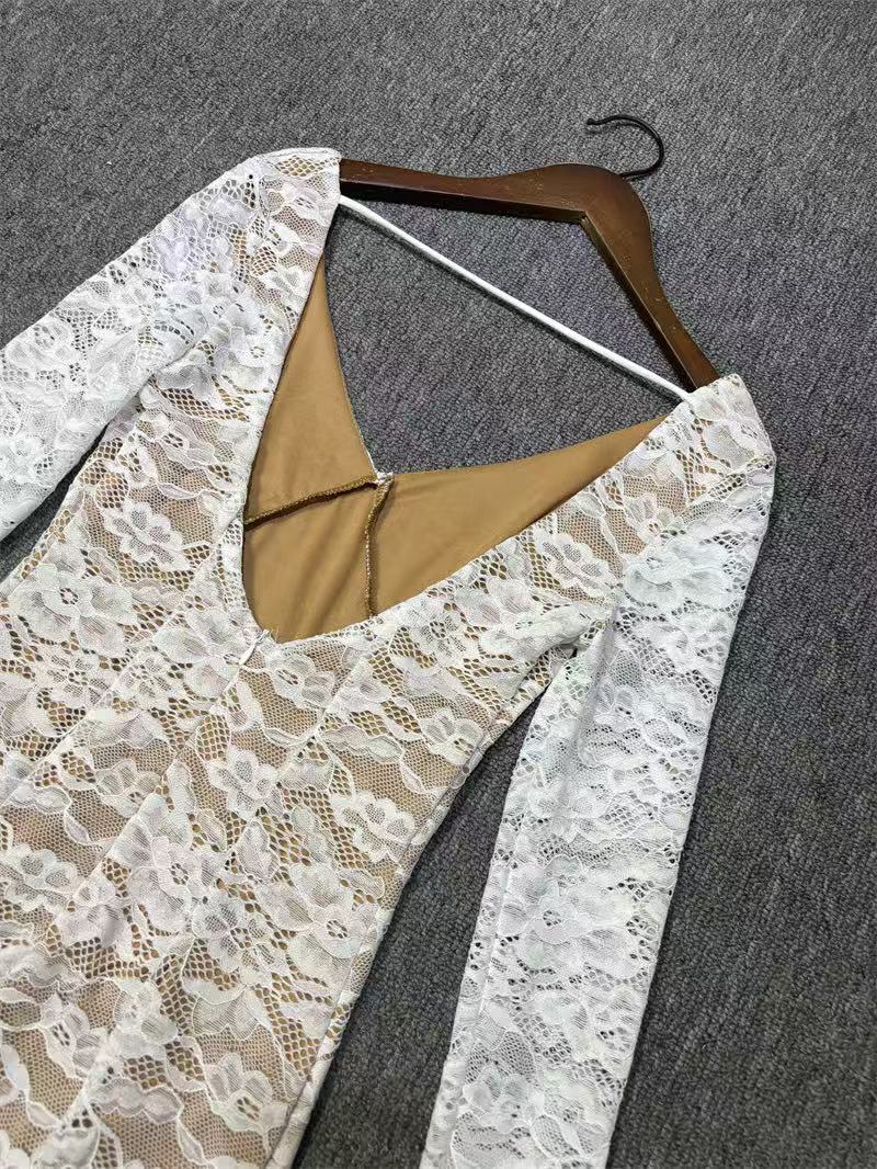 AIIZIE SEXY DEEP V OPEN BACK WHITE LACE MINI DRESS - product image