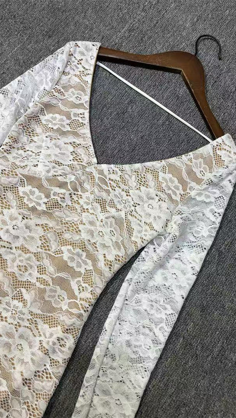 SEXY DEEP V OPEN BACK WHITE LACE MINI DRESS