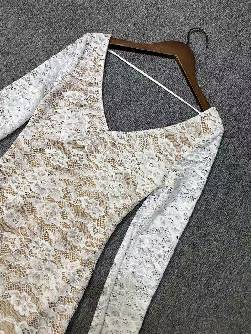 AIIZIE SEXY DEEP V OPEN BACK WHITE LACE MINI DRESS - product image