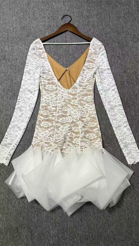 SEXY DEEP V OPEN BACK WHITE LACE MINI DRESS