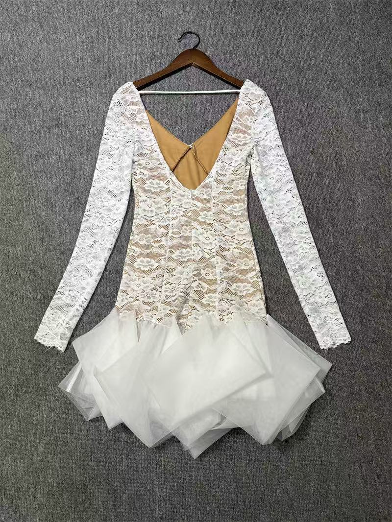 AIIZIE SEXY DEEP V OPEN BACK WHITE LACE MINI DRESS - product image