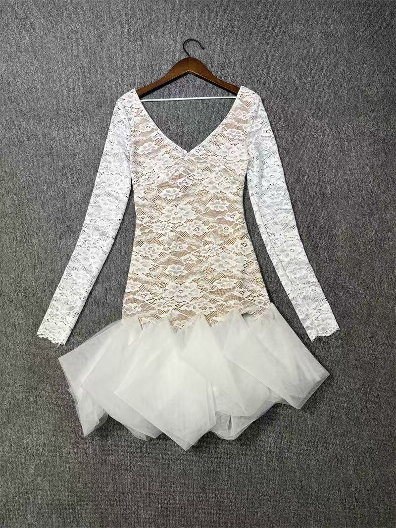 AIIZIE SEXY DEEP V OPEN BACK WHITE LACE MINI DRESS - product image