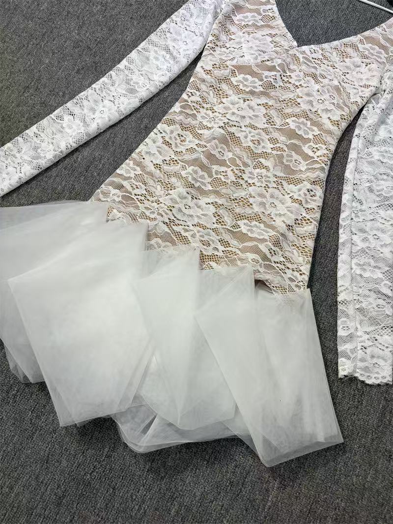AIIZIE SEXY DEEP V OPEN BACK WHITE LACE MINI DRESS - product image