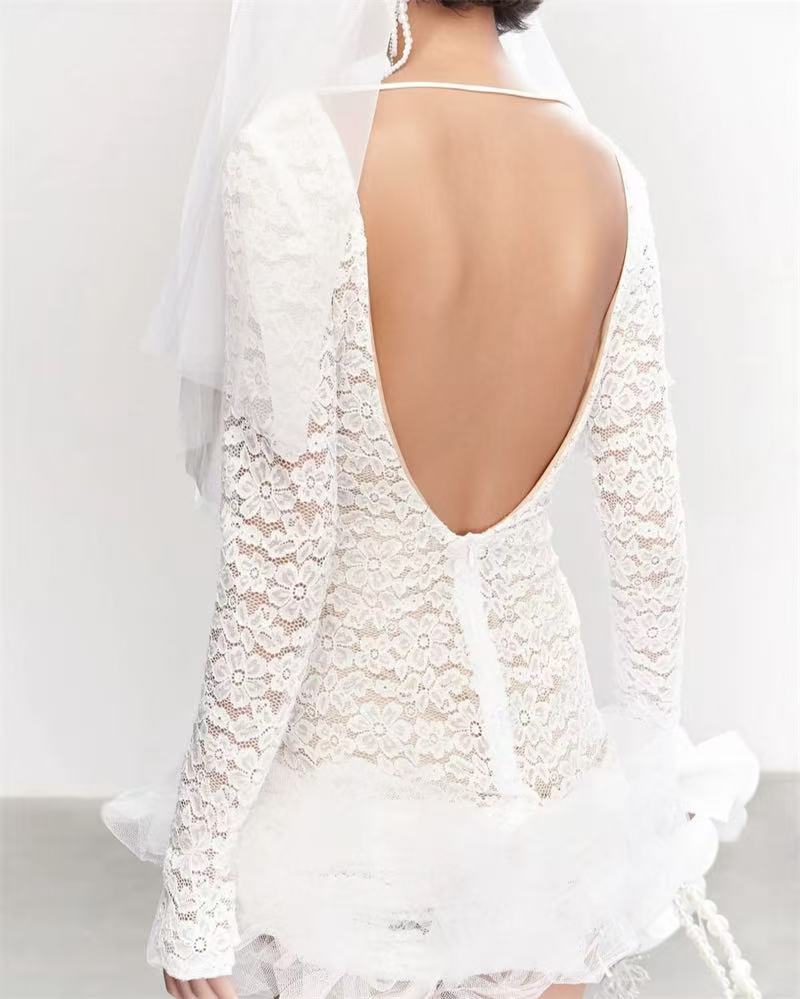 AIIZIE SEXY DEEP V OPEN BACK WHITE LACE MINI DRESS - product image