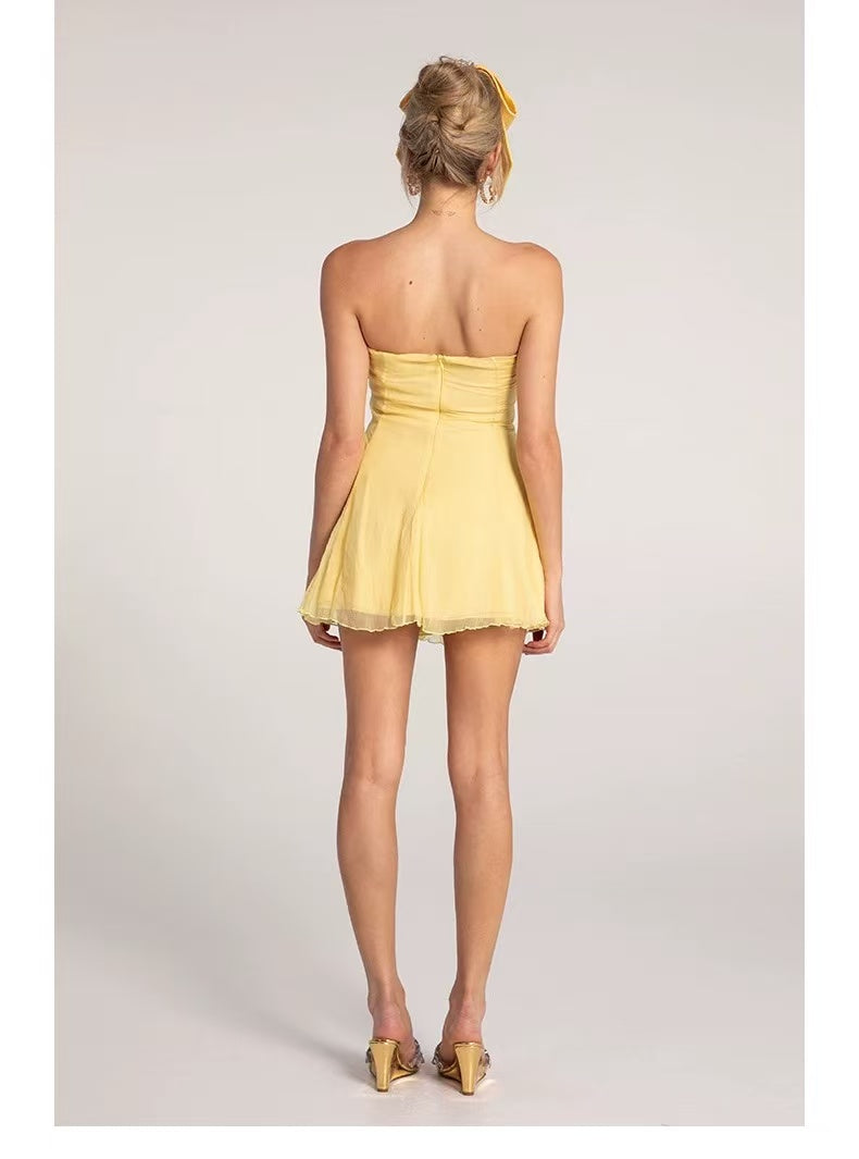 AIIZIE CHEST-WRAPPED HOLLOW ONE-PIECE SHORT SKIRT YELLOW - product image