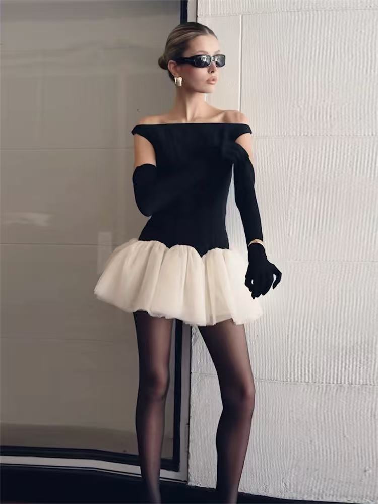 AIIZIE BLACK AND WHITE CONTRAST BOAT NECKLINE PUFFY MINI DRESS - product image