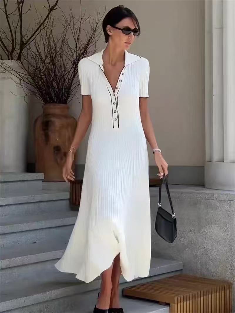 AIIZIE SIMPLE WHITE LAPEL HALF-BUTTON KNITTED MAXI DRESS - product image