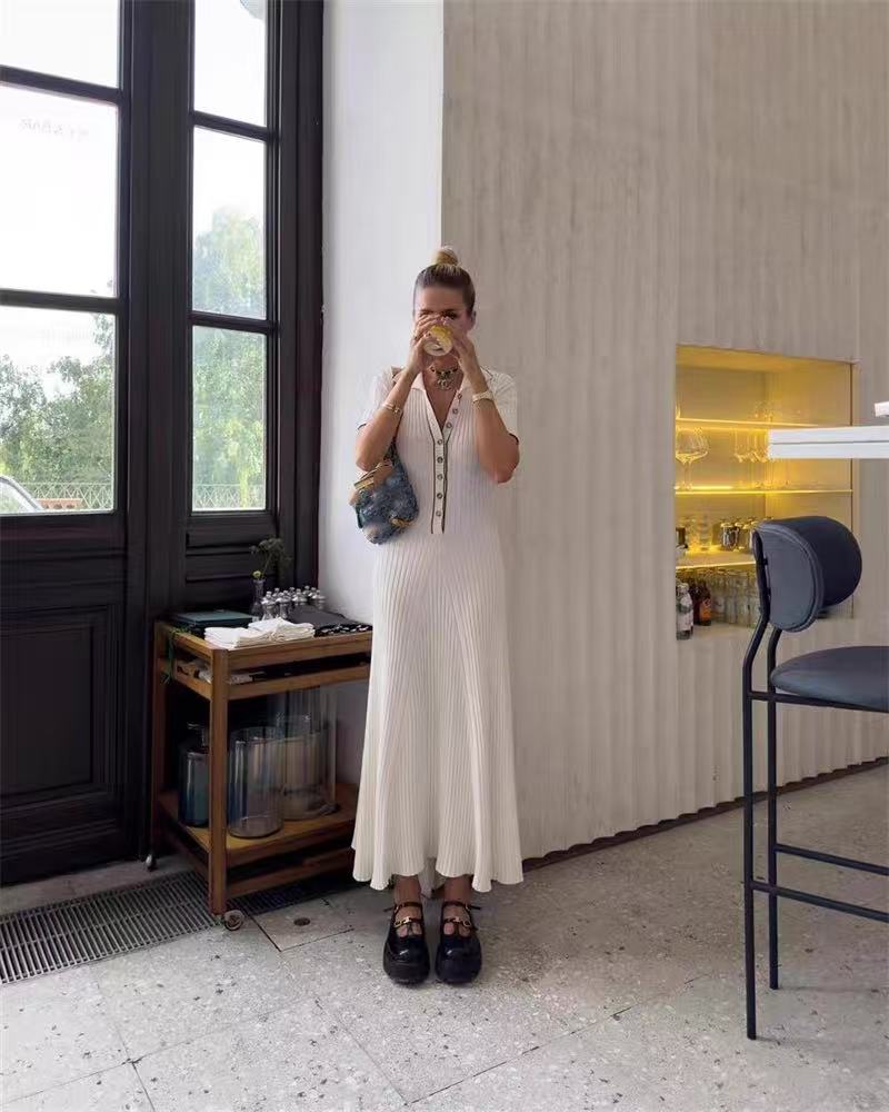 AIIZIE SIMPLE WHITE LAPEL HALF-BUTTON KNITTED MAXI DRESS - product image