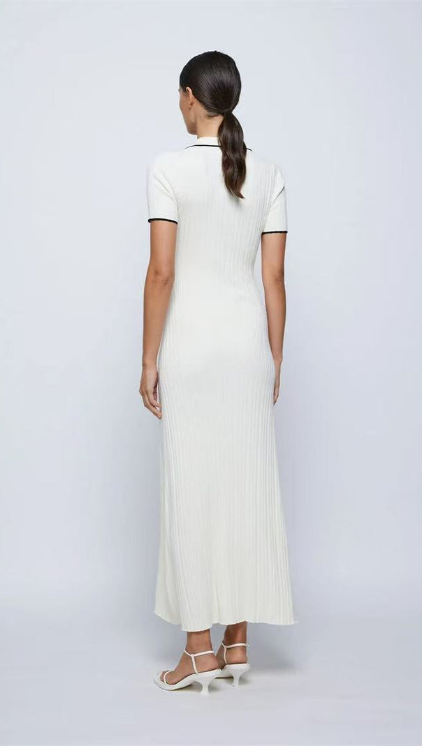 AIIZIE SIMPLE WHITE LAPEL HALF-BUTTON KNITTED MAXI DRESS - product image
