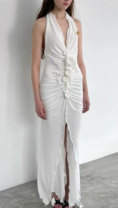 GONNA LUNGA SEXY SENZA MANICHE CON SPACCO ALTO E FIORI TRIDIMENSIONALI