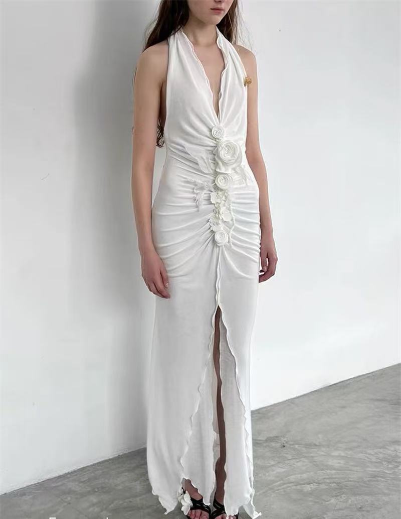 AIIZIE SEXY SLEEVELESS HIGH SLIT LONG SKIRT WITH THREE-DIMENSIONAL FLOWERS - product image