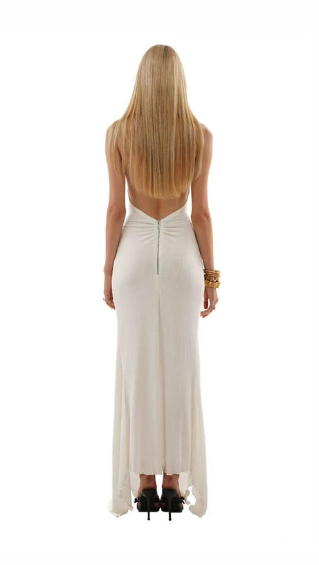 GONNA LUNGA SEXY SENZA MANICHE CON SPACCO ALTO E FIORI TRIDIMENSIONALI