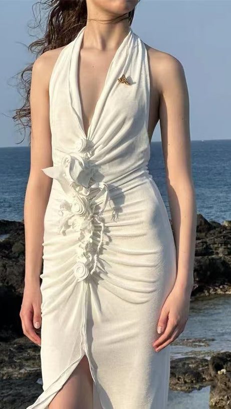 GONNA LUNGA SEXY SENZA MANICHE CON SPACCO ALTO E FIORI TRIDIMENSIONALI