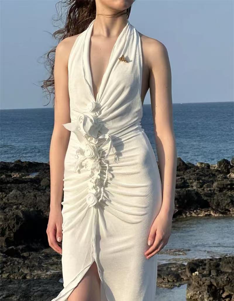 AIIZIE SEXY SLEEVELESS HIGH SLIT LONG SKIRT WITH THREE-DIMENSIONAL FLOWERS - product image