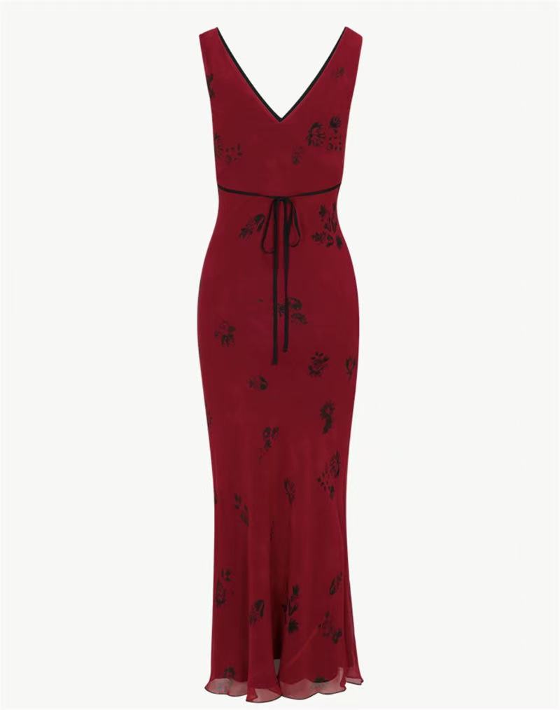 AIIZIE V-NECK SLIM-FIT HIP-HUGGING BURGUNDY MAXI DRESS - product image