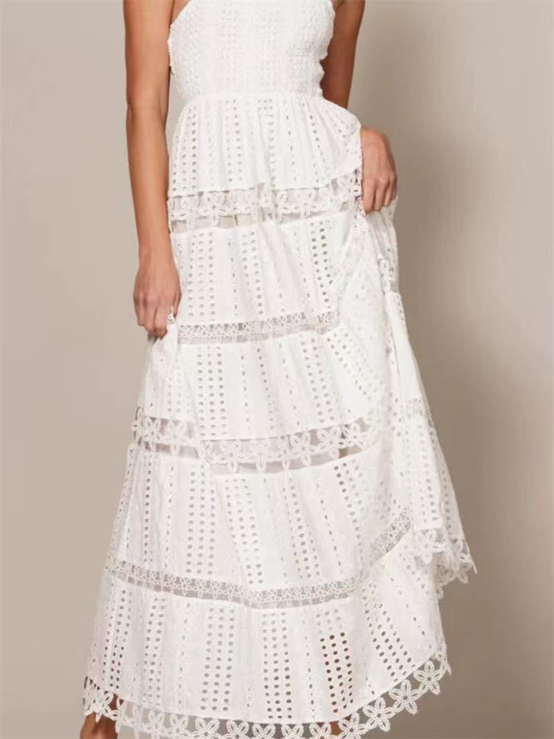 AIIZIE HALTER NECK ELASTIC CHEST LACE PATCHWORK MAXI DRESS IN WHITE - product image