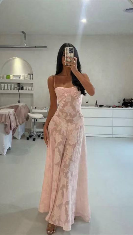 Sling-Maxikleid mit 3D-Blumenmuster in Rosa 