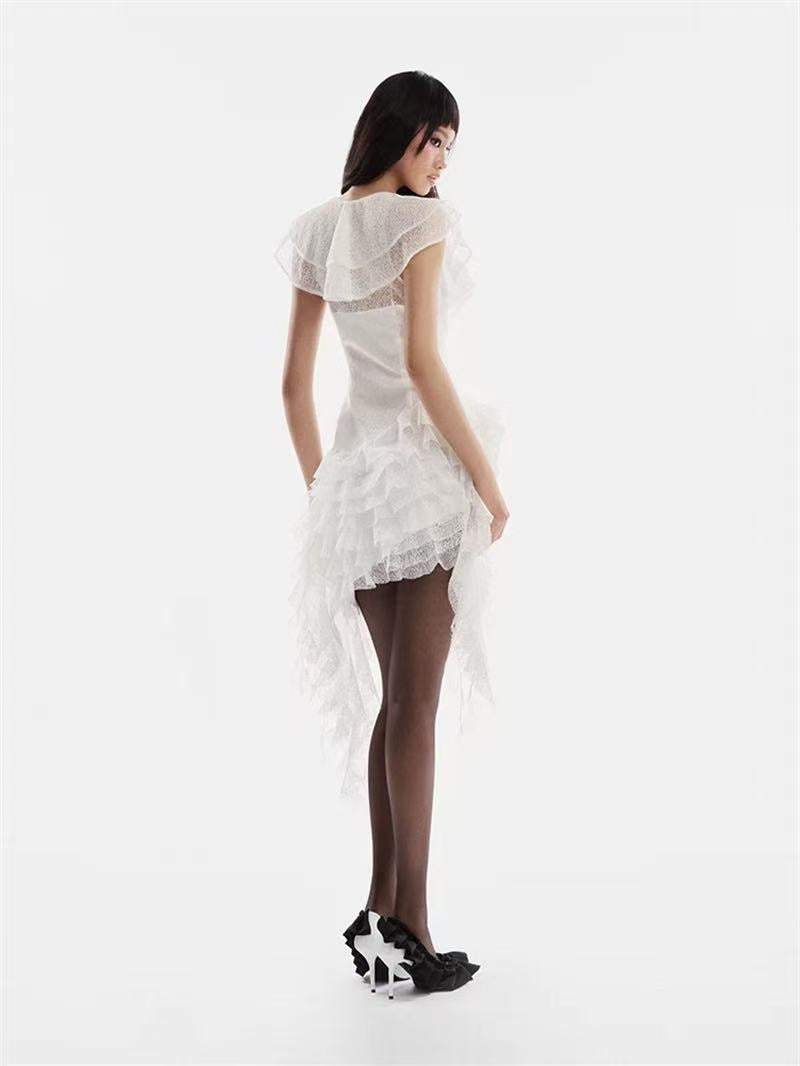 AIIZIE IRREGULAR WHITE LACE MINI DRESS - product image