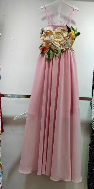 JOANN APPLIQUÉ CAMELLIA FLORAL MAXI DRESS IN PINK