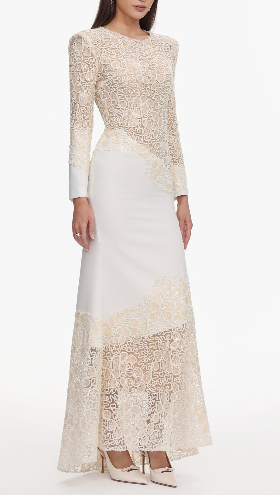 jacqueline Beige lace Embroidered long sleeve Maxi Dress