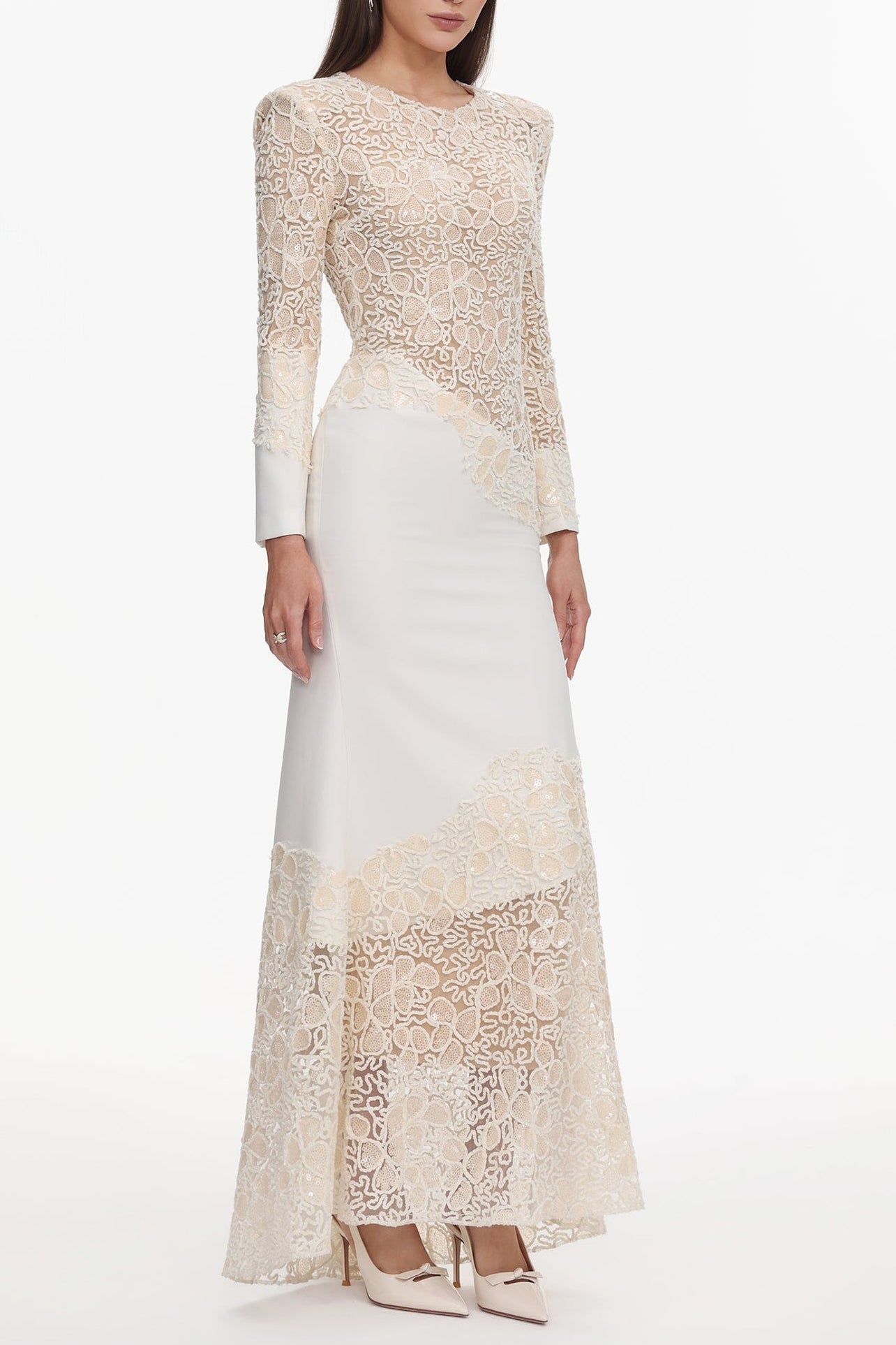 jacqueline Beige lace Embroidered long sleeve Maxi Dress