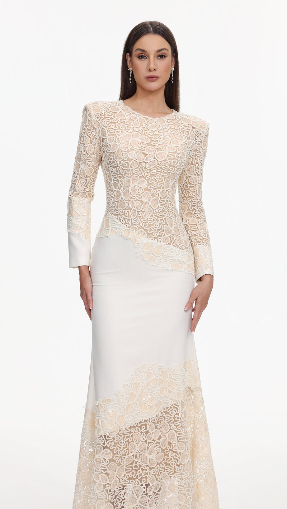 jacqueline Beige lace Embroidered long sleeve Maxi Dress