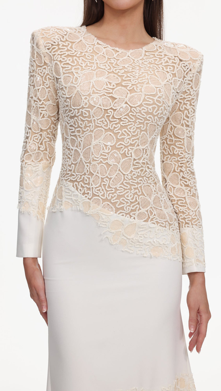jacqueline Beige lace Embroidered long sleeve Maxi Dress