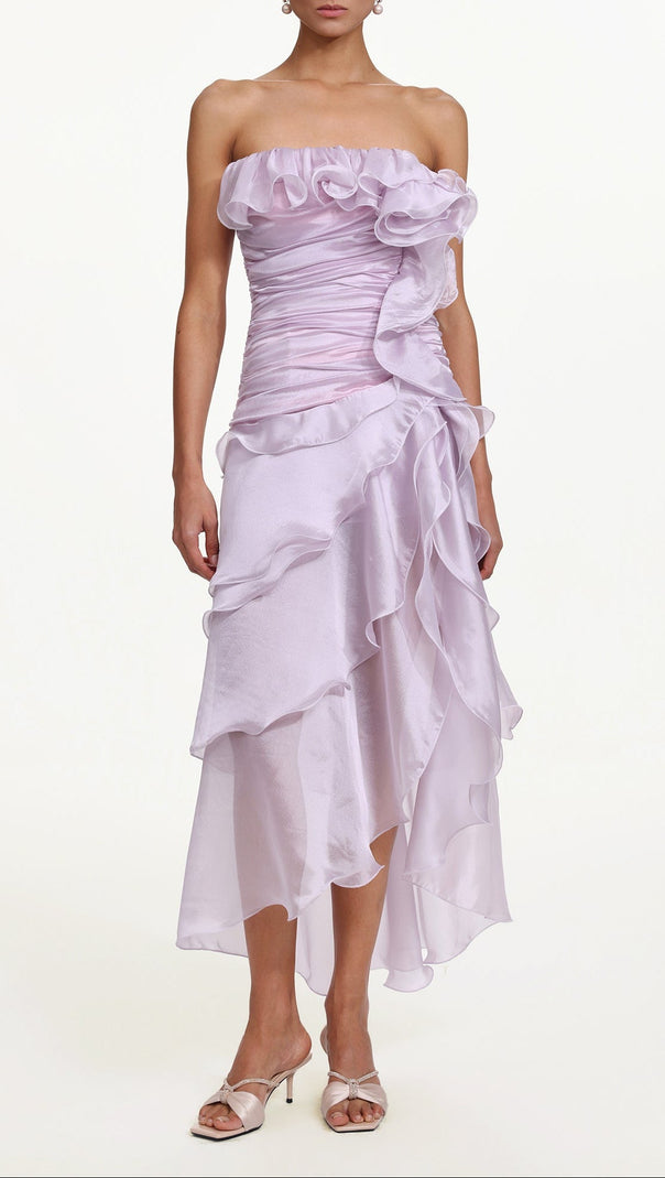 Jellay Strapless Asymmetric Ruffle High Slit Maxi Dress