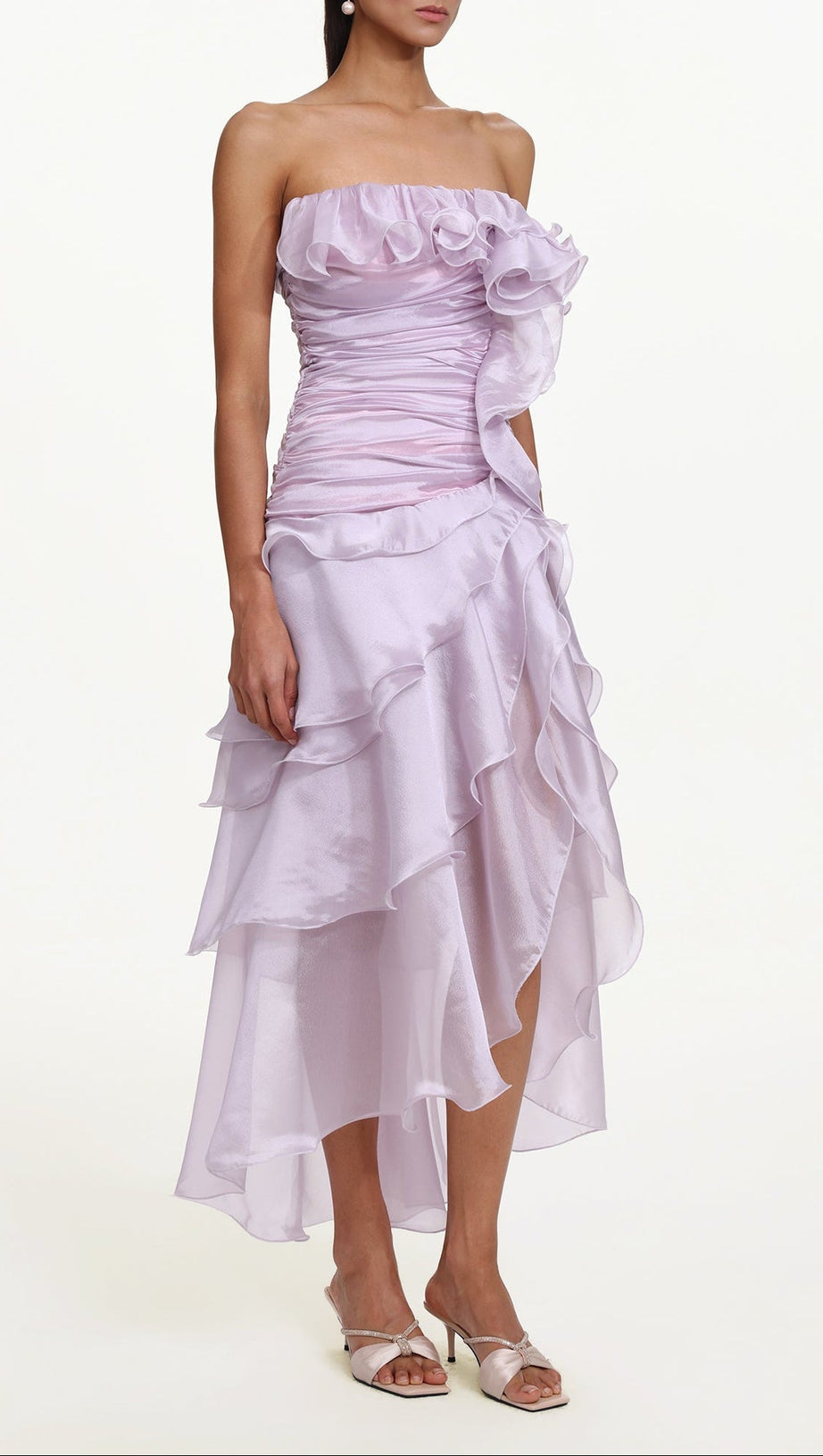 Jellay Strapless Asymmetric Ruffle High Slit Maxi Dress