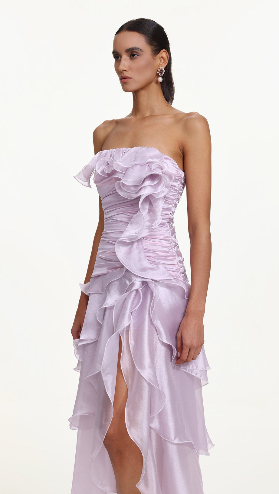 Jellay Strapless Asymmetric Ruffle High Slit Maxi Dress