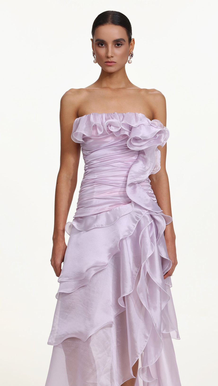 Jellay Strapless Asymmetric Ruffle High Slit Maxi Dress