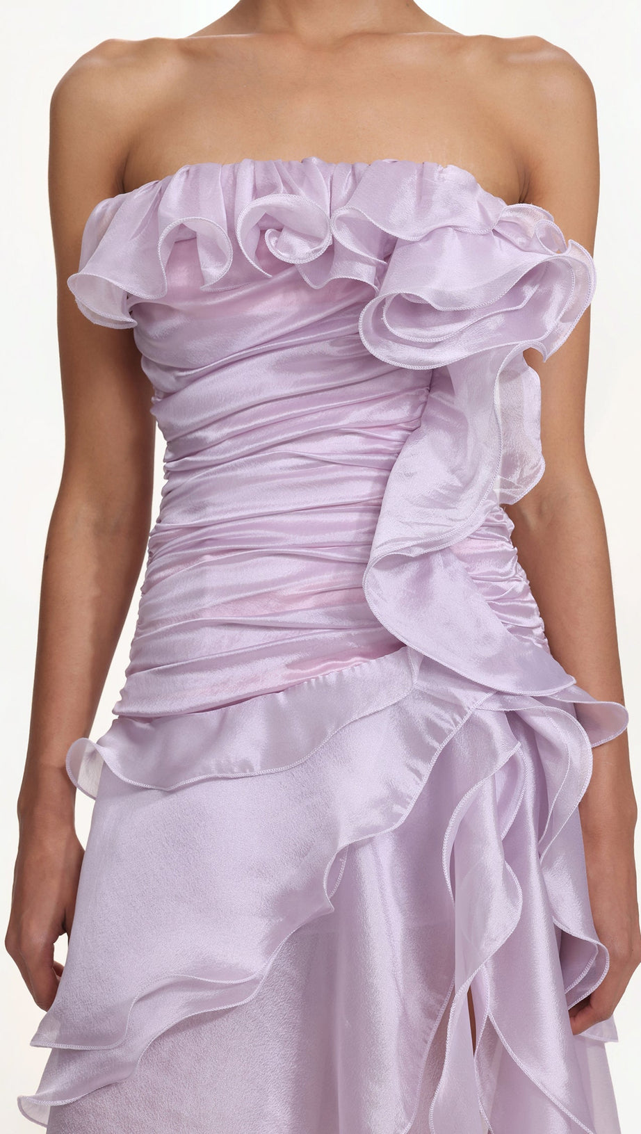 Jellay Strapless Asymmetric Ruffle High Slit Maxi Dress