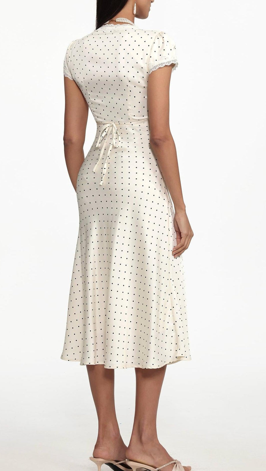 lorraine Cinched Waist V Neck Short Sleeve Polka Dot Lace Woven Maxi Dress