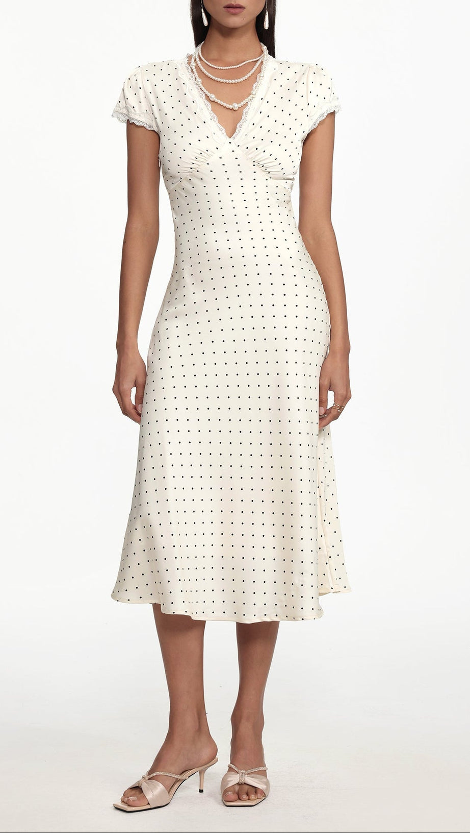 lorraine Cinched Waist V Neck Short Sleeve Polka Dot Lace Woven Maxi Dress