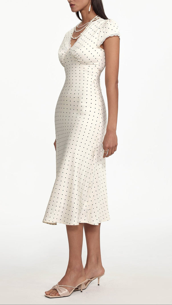 AIIZIE lorraine Cinched Waist V Neck Short Sleeve Polka Dot Lace Woven Maxi Dress - product image