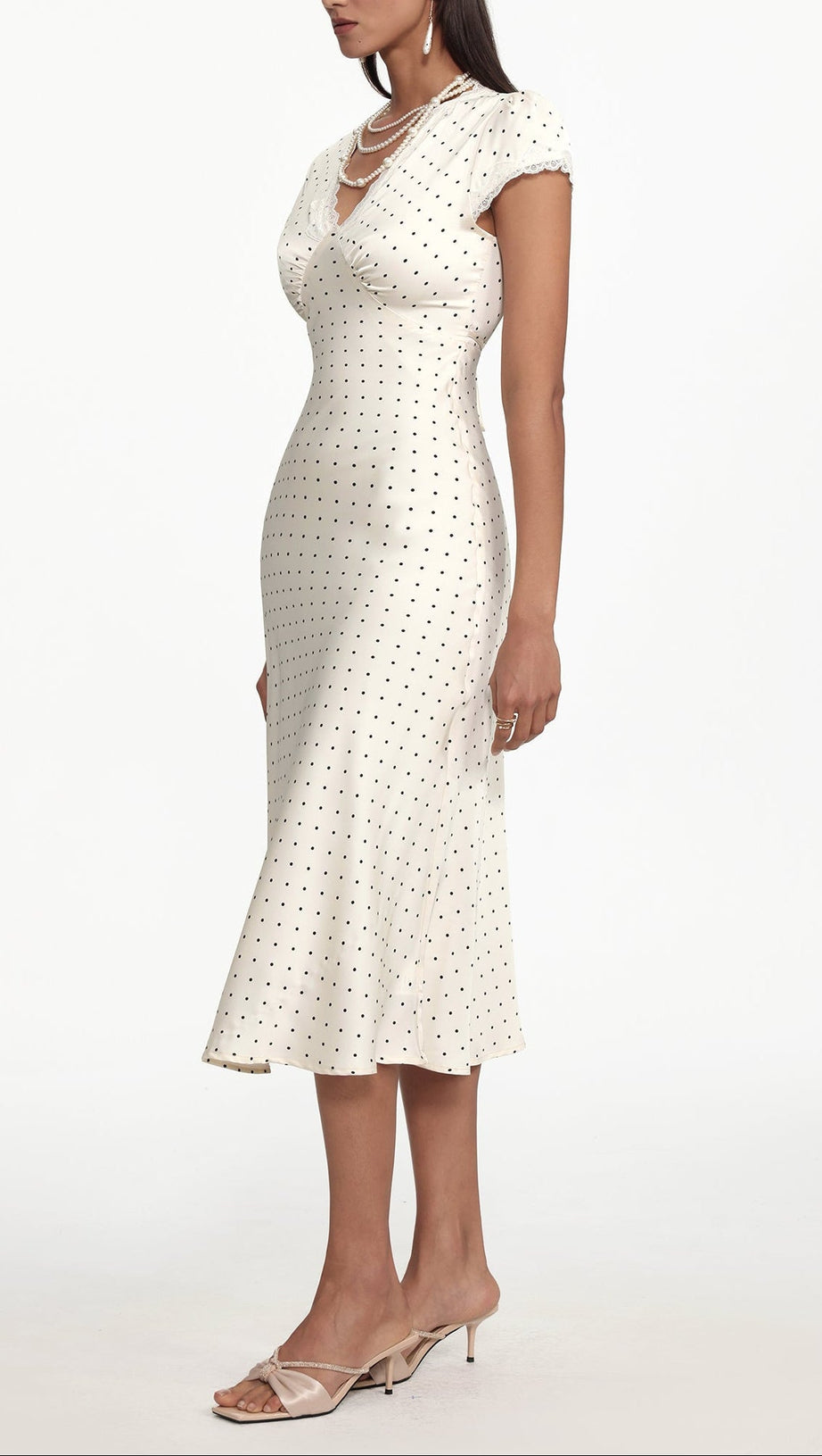 lorraine Cinched Waist V Neck Short Sleeve Polka Dot Lace Woven Maxi Dress