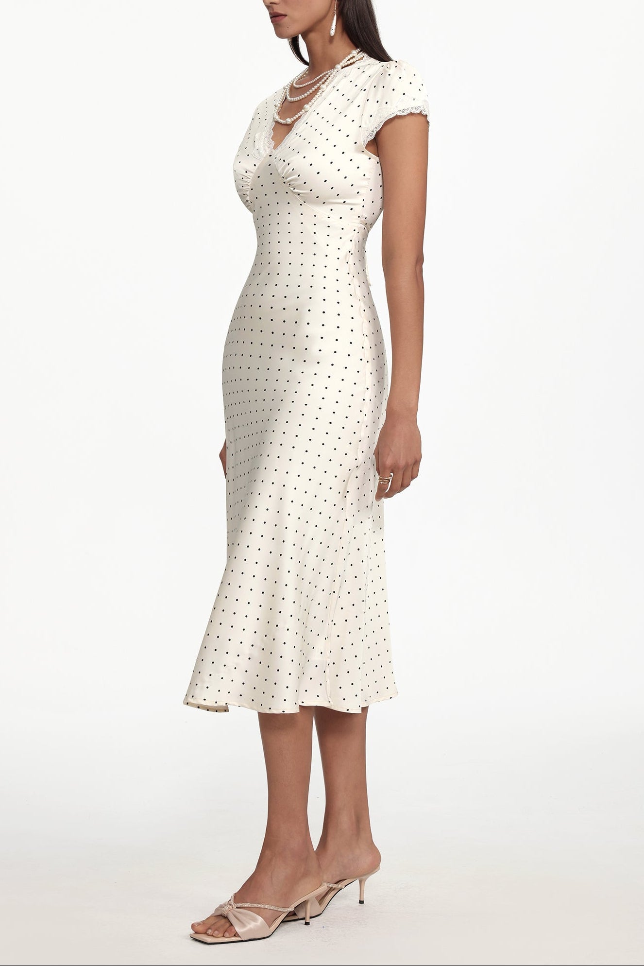 lorraine Cinched Waist V Neck Short Sleeve Polka Dot Lace Woven Maxi Dress