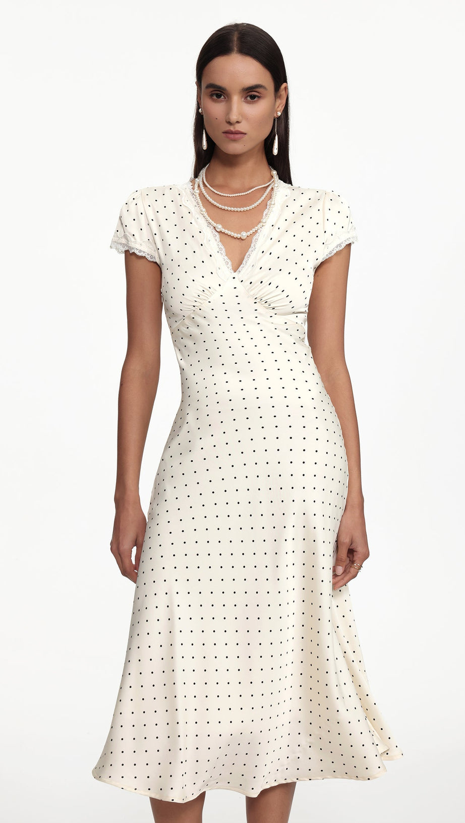 lorraine Cinched Waist V Neck Short Sleeve Polka Dot Lace Woven Maxi Dress