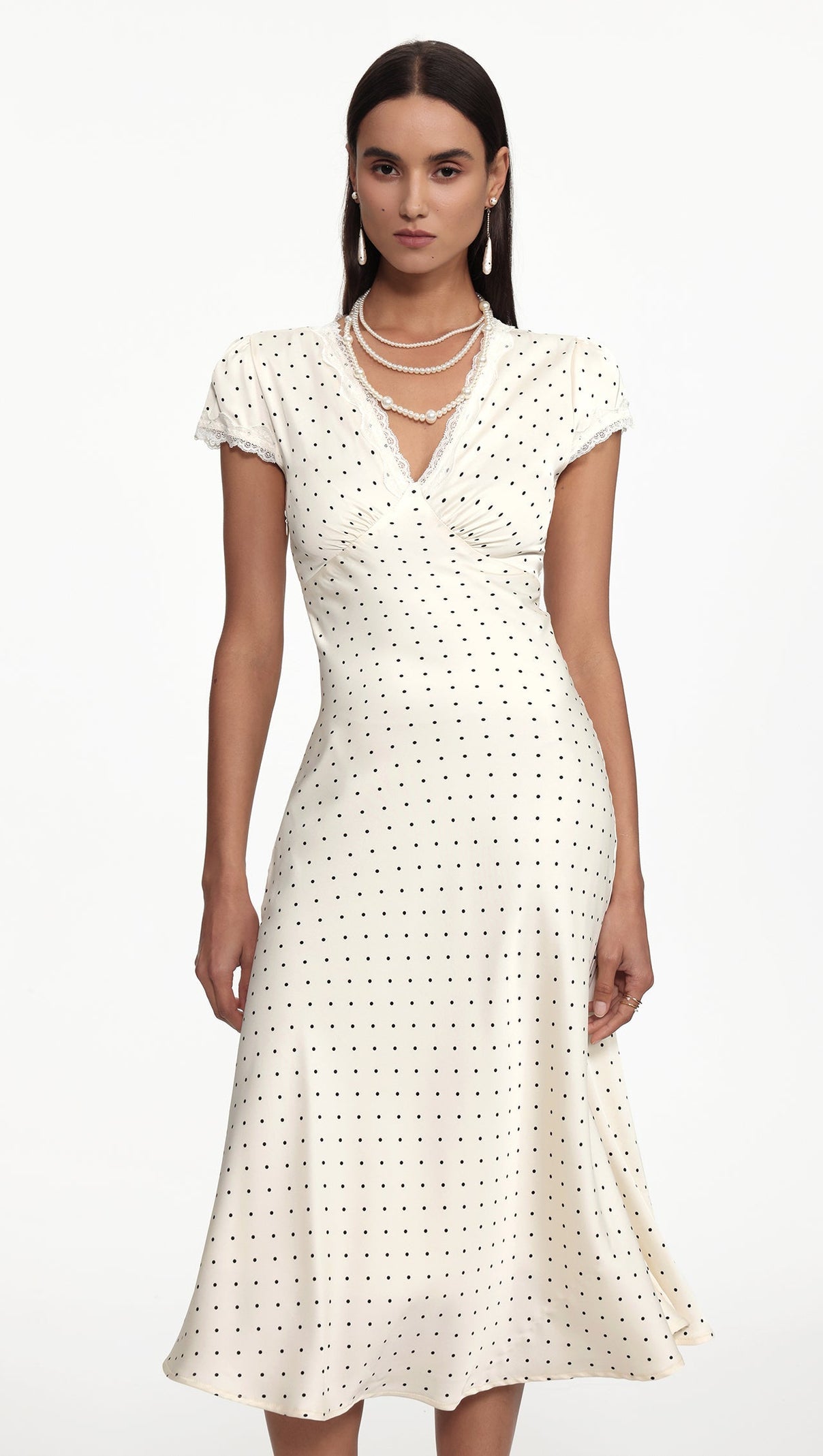 AIIZIE lorraine Cinched Waist V Neck Short Sleeve Polka Dot Lace Woven Maxi Dress - product image