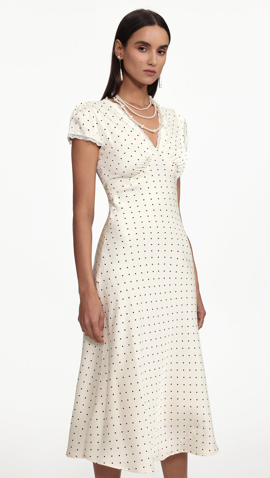 lorraine Cinched Waist V Neck Short Sleeve Polka Dot Lace Woven Maxi Dress