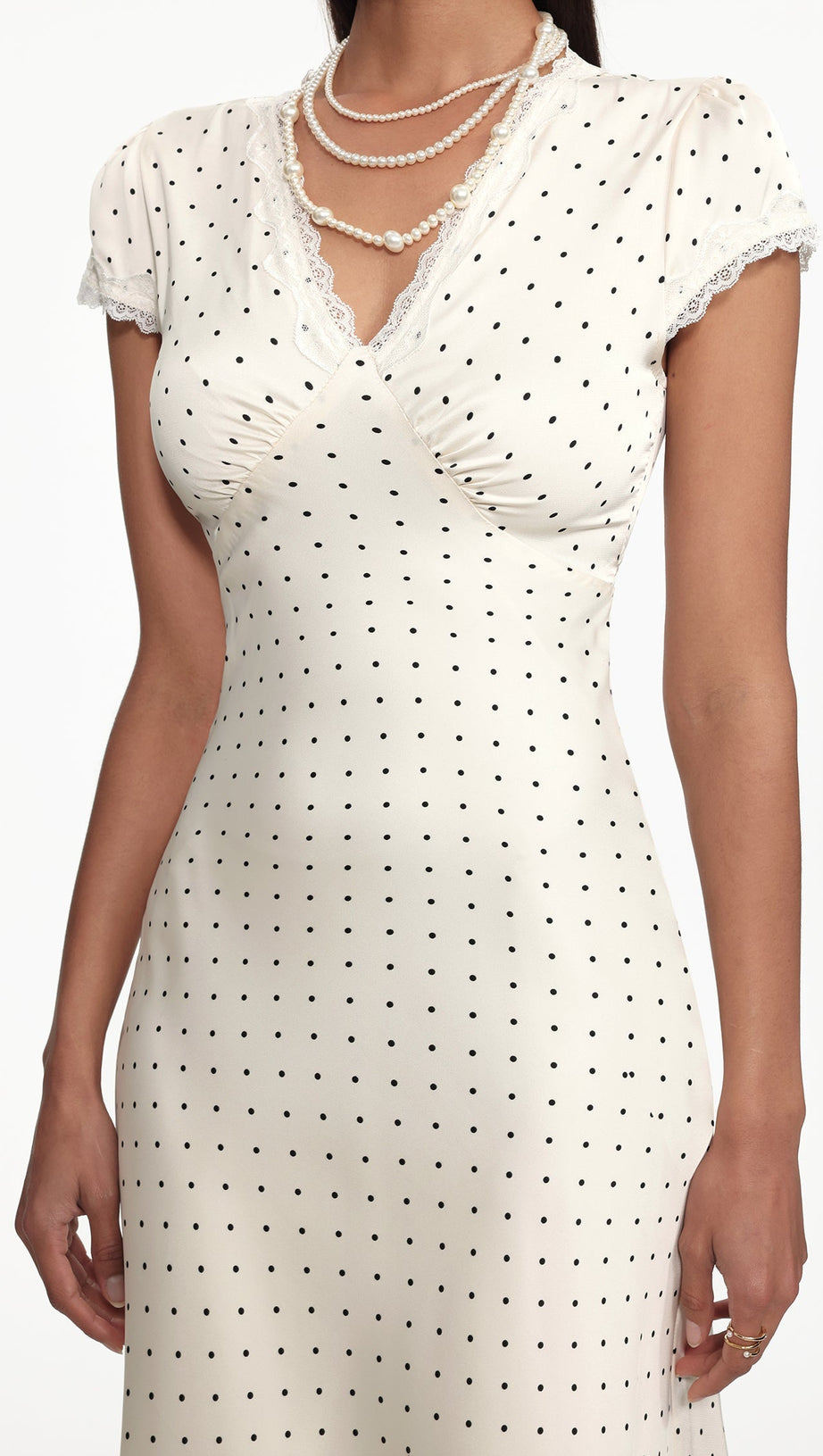 lorraine Cinched Waist V Neck Short Sleeve Polka Dot Lace Woven Maxi Dress
