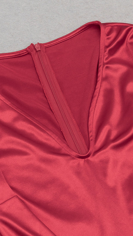 CECILIA RUFFLE TRIM HIGH SLIT MAXI BODYCON DRESS IN RED