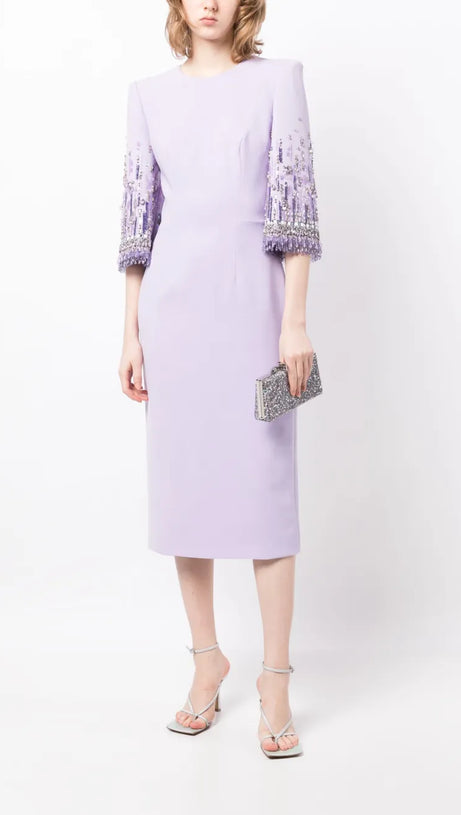 BERGMAN EMBELLISHED CREPE MIDI DRESS IN LAVENDER