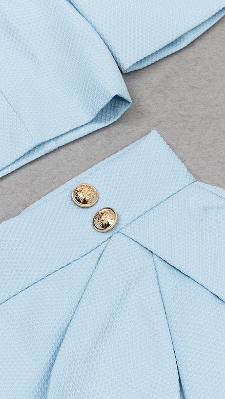 SQUARE NECK PUFF SLEEVE TOP WRAP HEM SKIRT SUIT