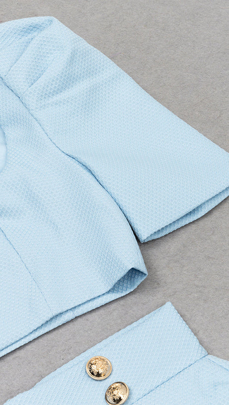 SQUARE NECK PUFF SLEEVE TOP WRAP HEM SKIRT SUIT