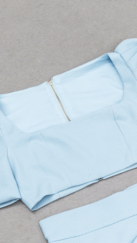 SQUARE NECK PUFF SLEEVE TOP WRAP HEM SKIRT SUIT