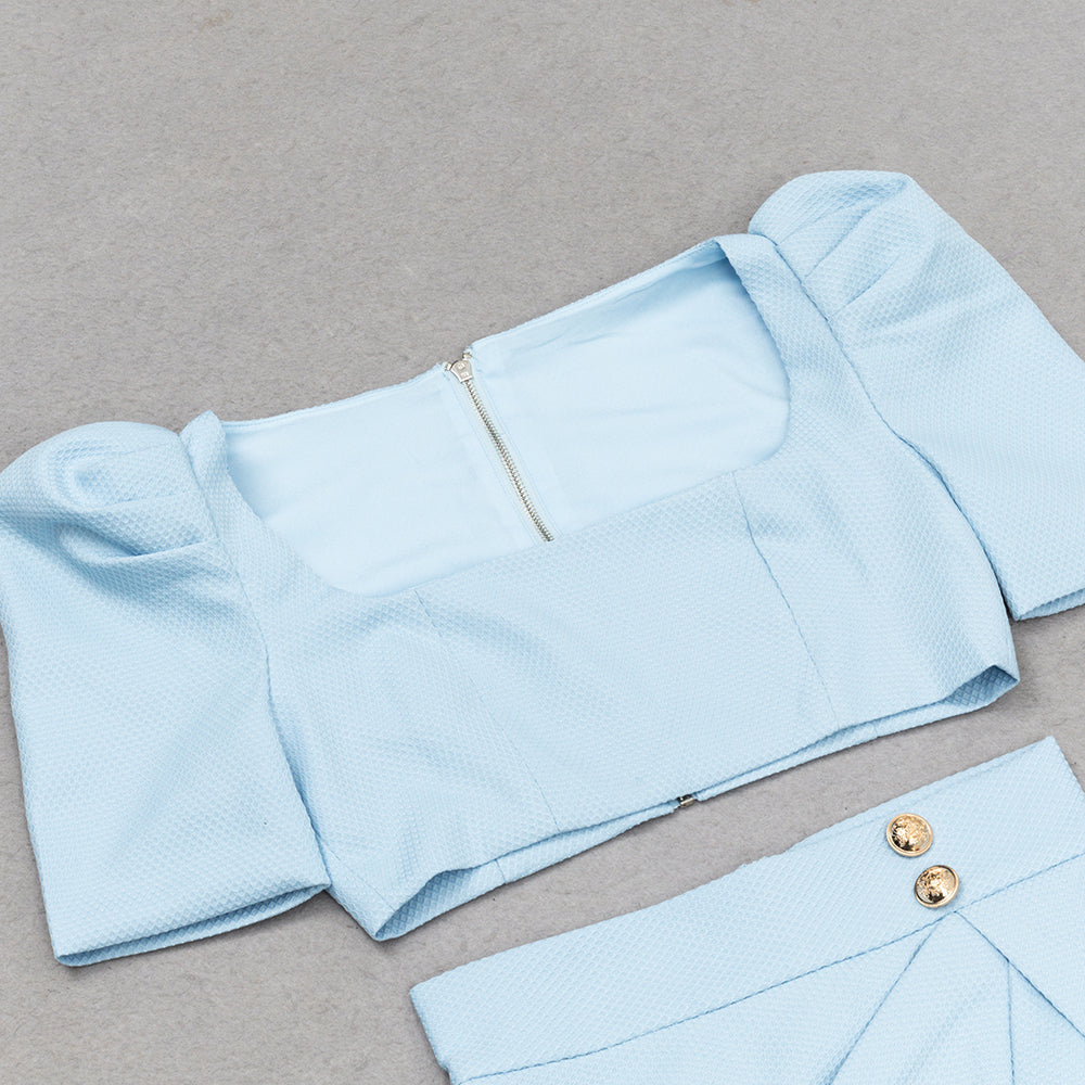 AIIZIE SQUARE NECK PUFF SLEEVE TOP WRAP HEM SKIRT SUIT - product image